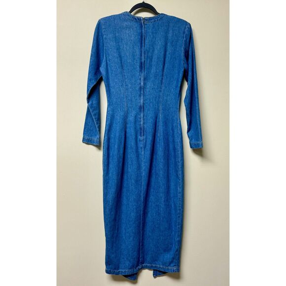 EXPRESS Vintage 80's Denim Long Sleeve Midi Dress Button Front V-Neck, Sz 6 - Picture 8 of 13